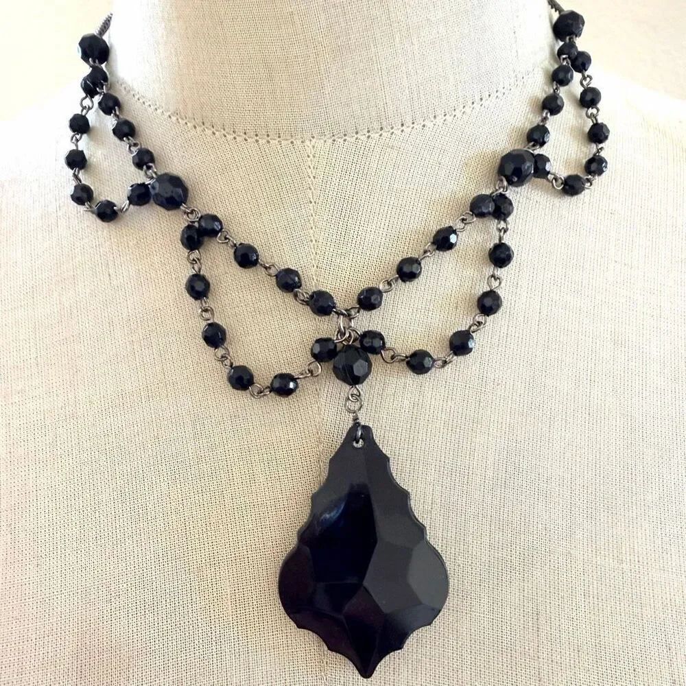 Cookie Lee Black Faceted Bead Necklace with Statement Drop Pendant